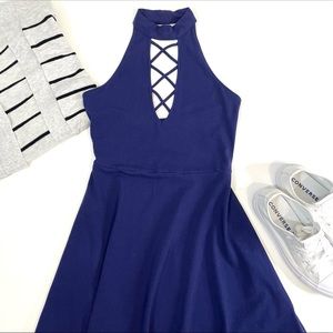Express Blue Halter Fit and Flare Dress